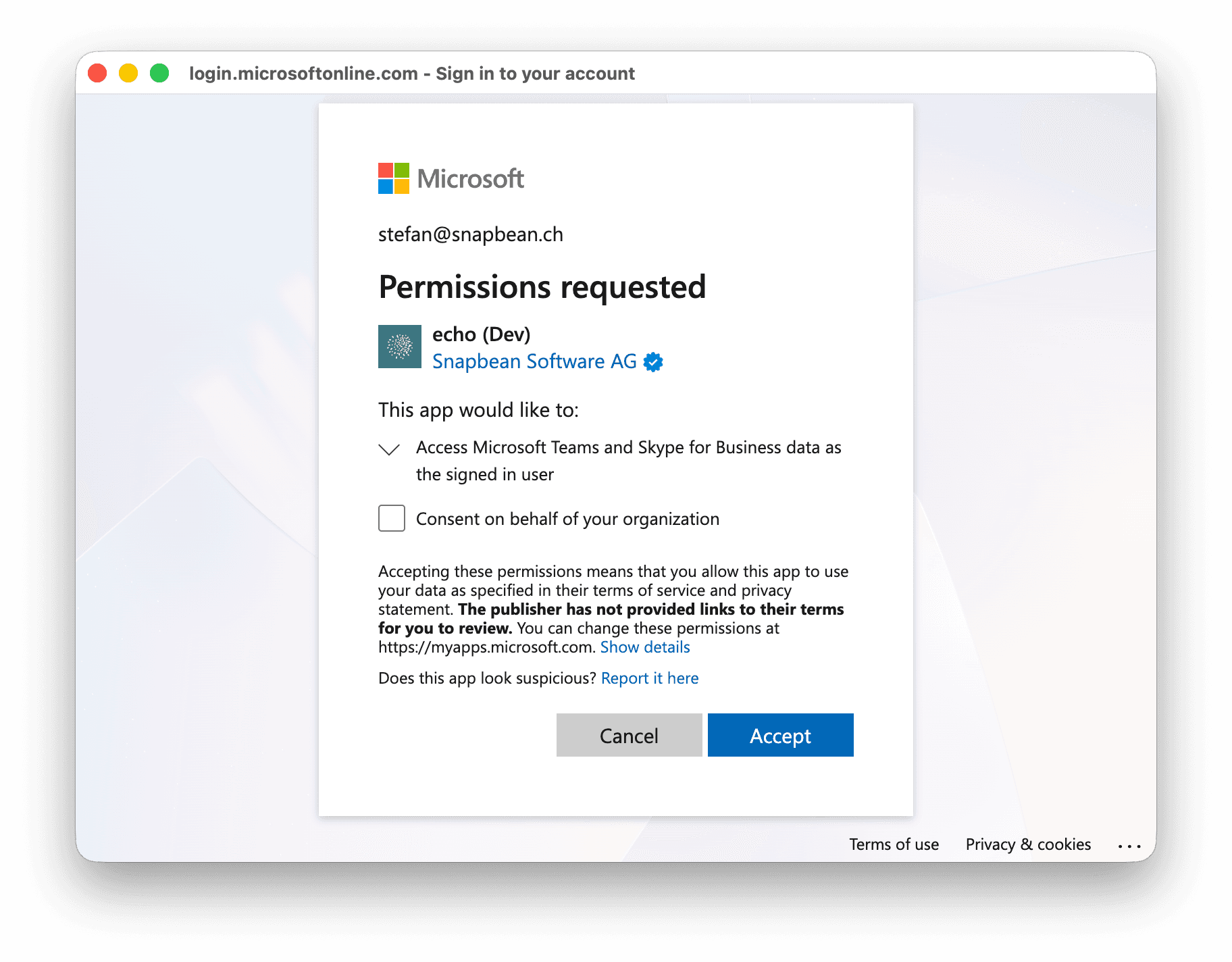 Microsoft consent dialog for granting the required Teams admin permissions.