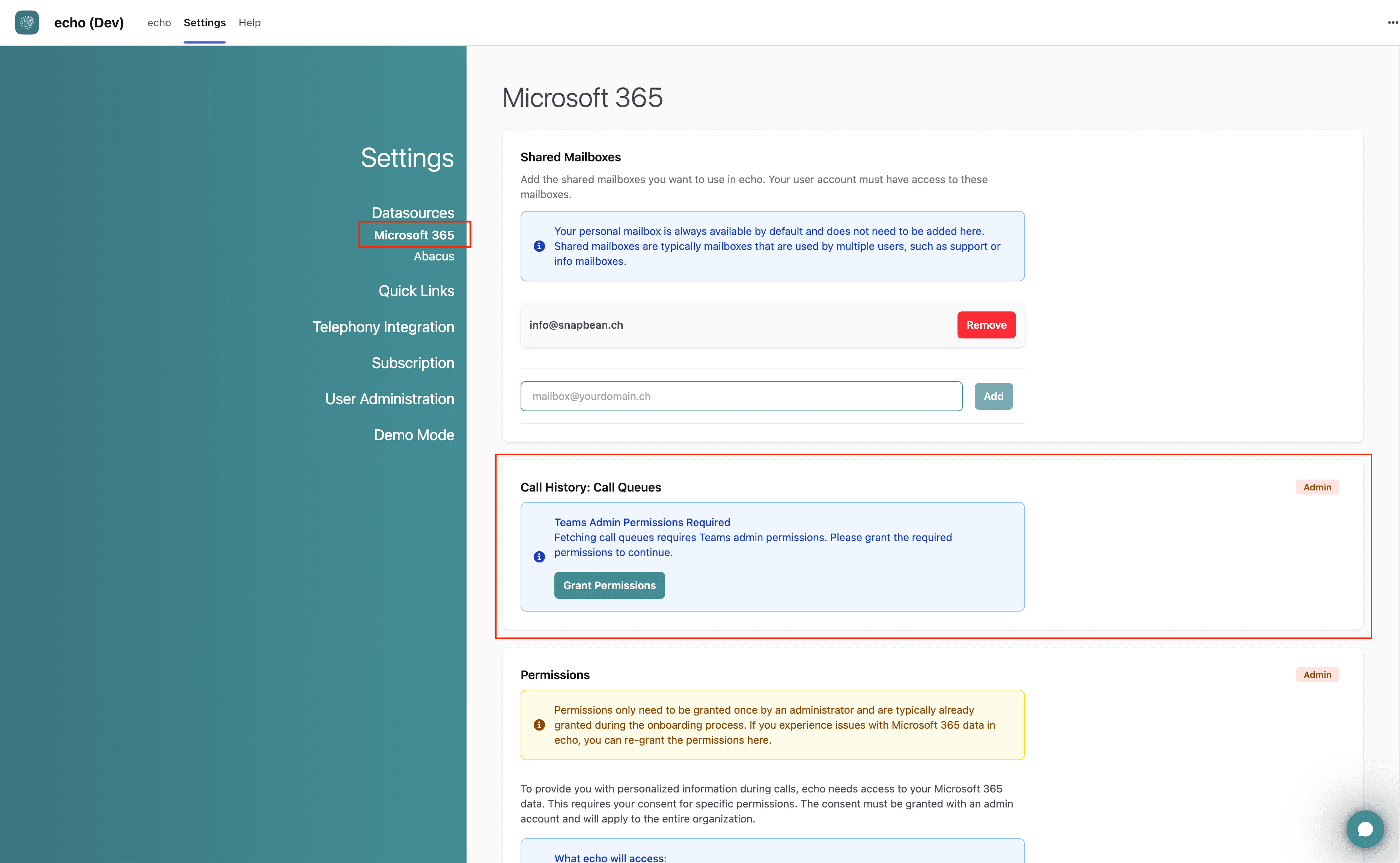 In Settings → Microsoft 365, the Call History: Call Queues section requests Teams admin permissions.