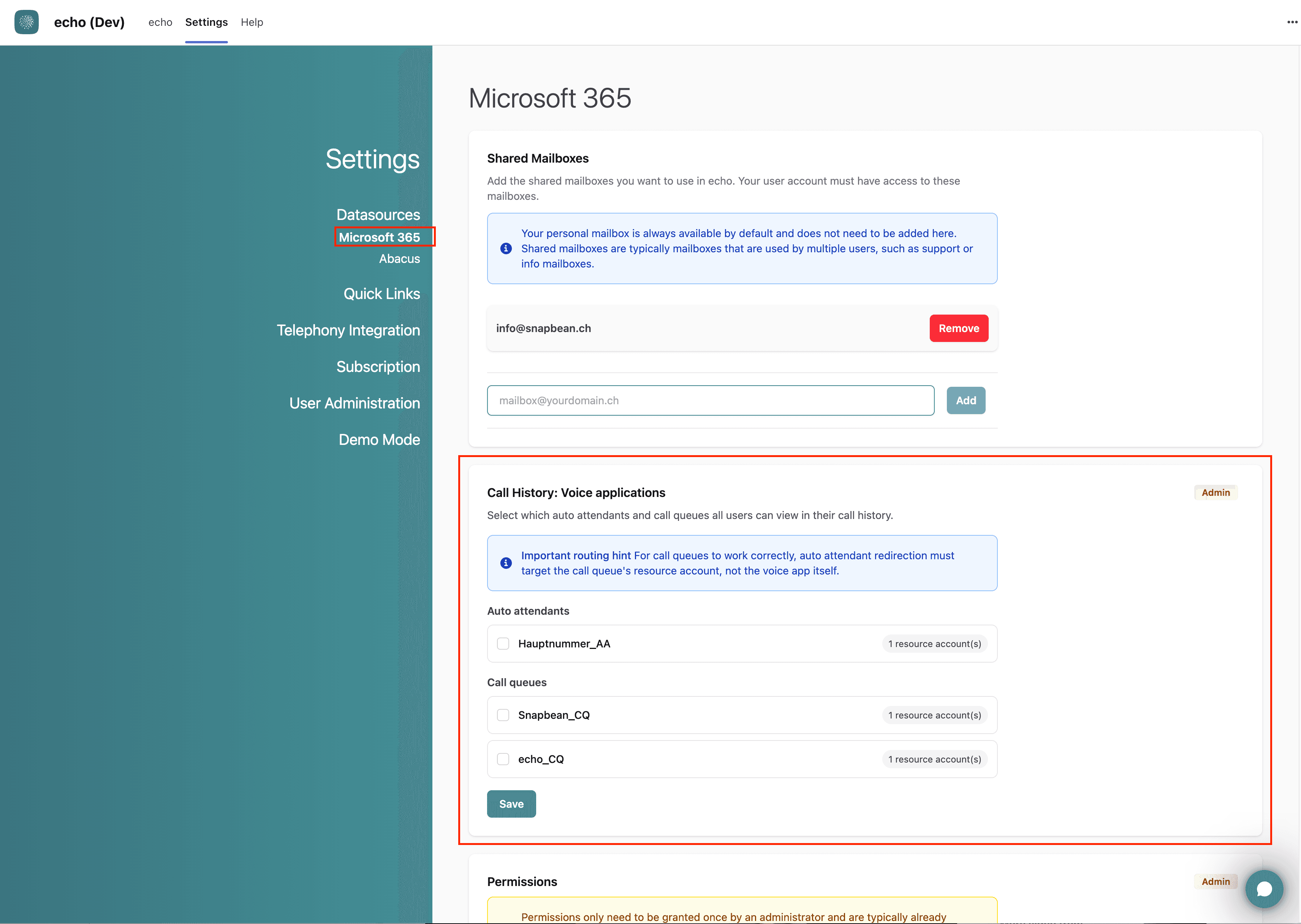 Selecting call queues in the settings and saving the configuration.