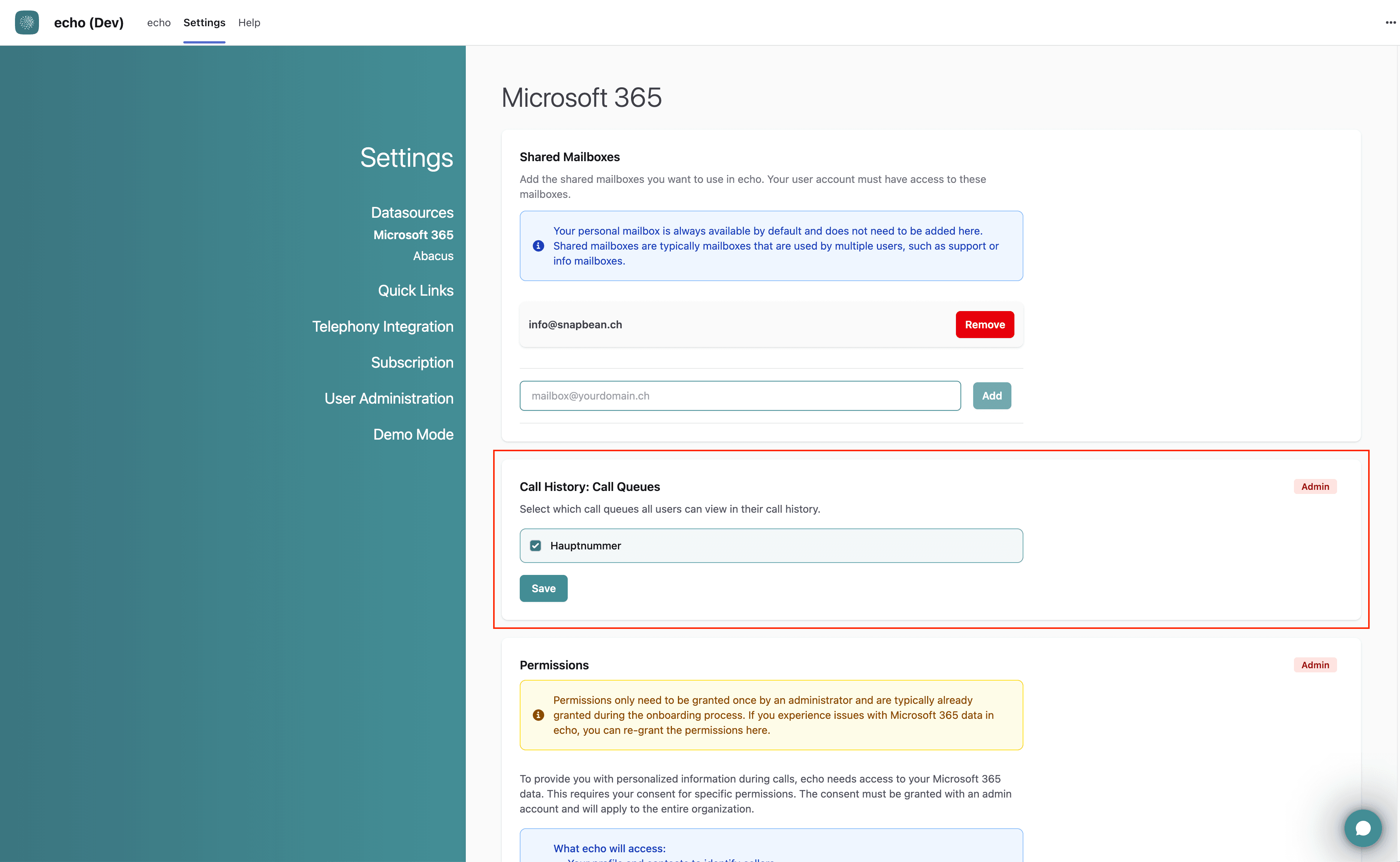 Selecting call queues in the settings and saving the configuration.