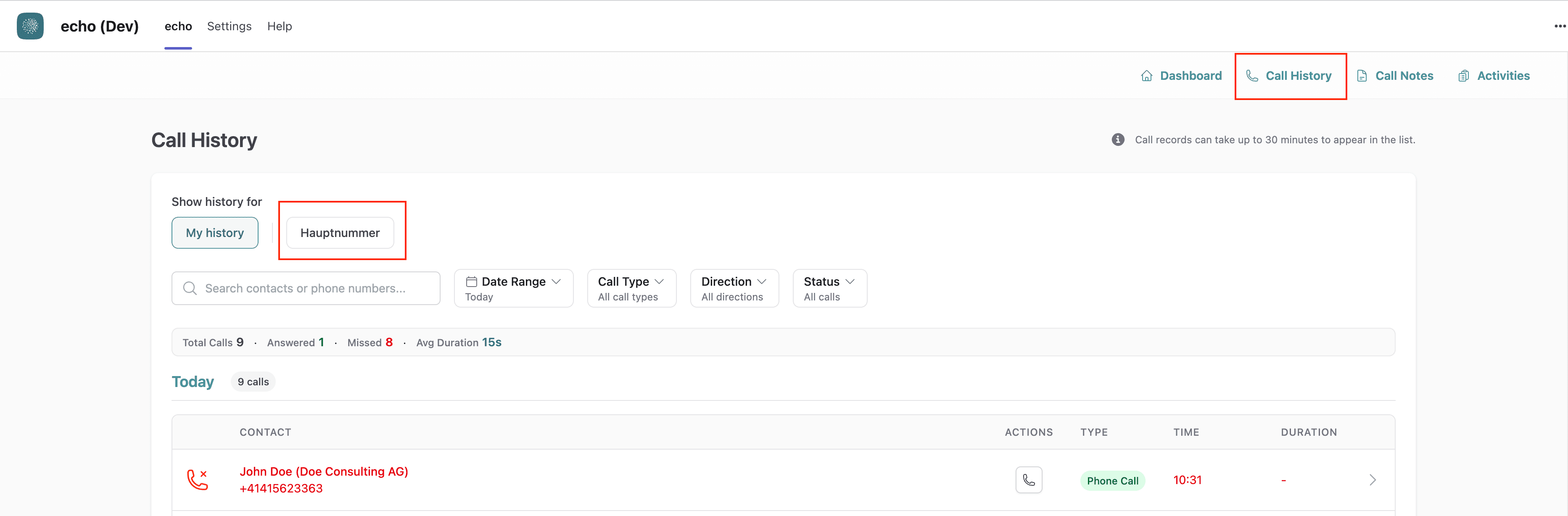 Call History with an enabled call queue filter visible for users.