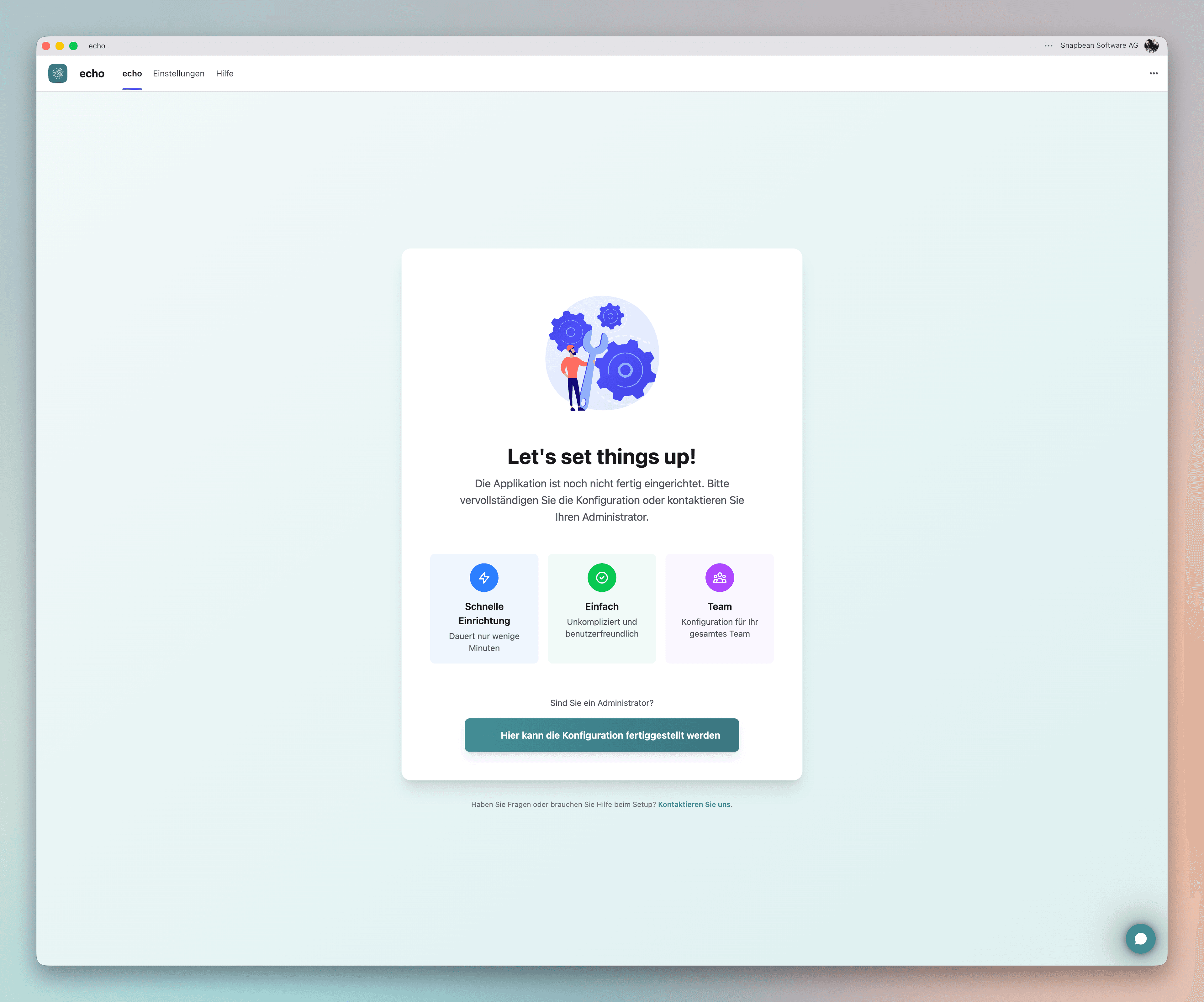 Start screen. The administrator starts the configuration via the button.