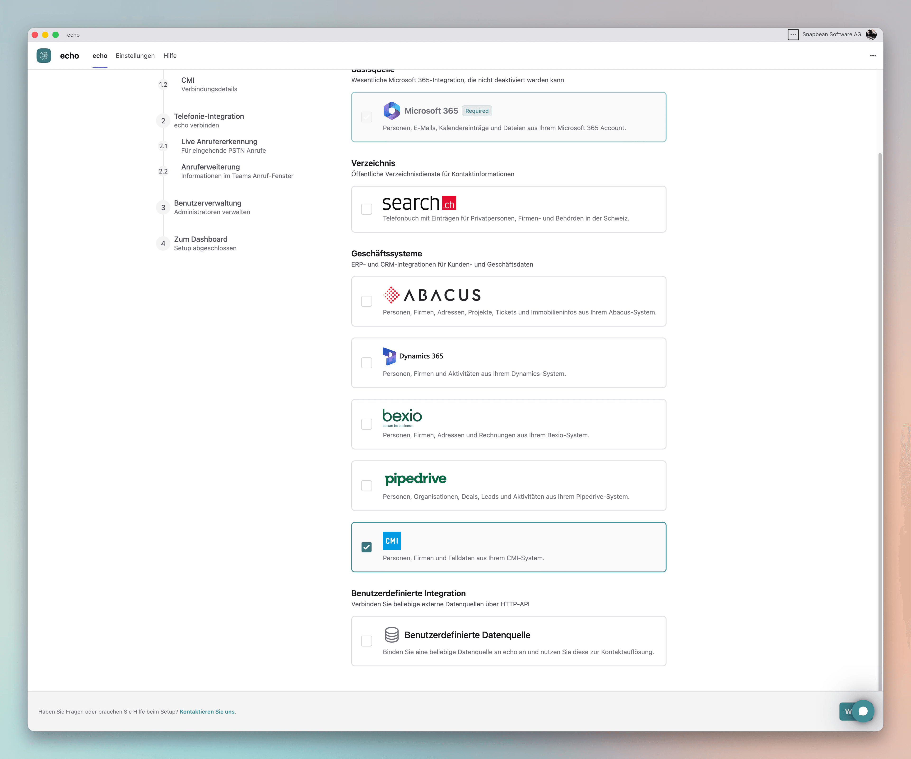 Selecting the data sources. Microsoft 365 is mandatory; other sources are optional.