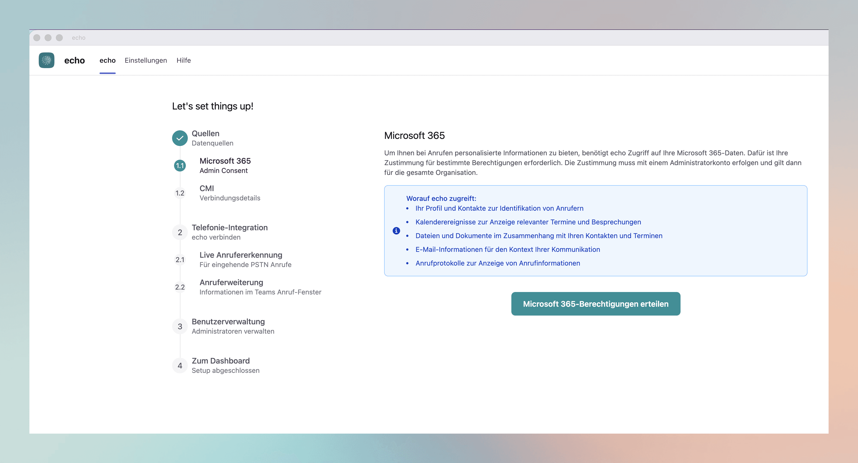 Overview of the requested permissions before admin consent.