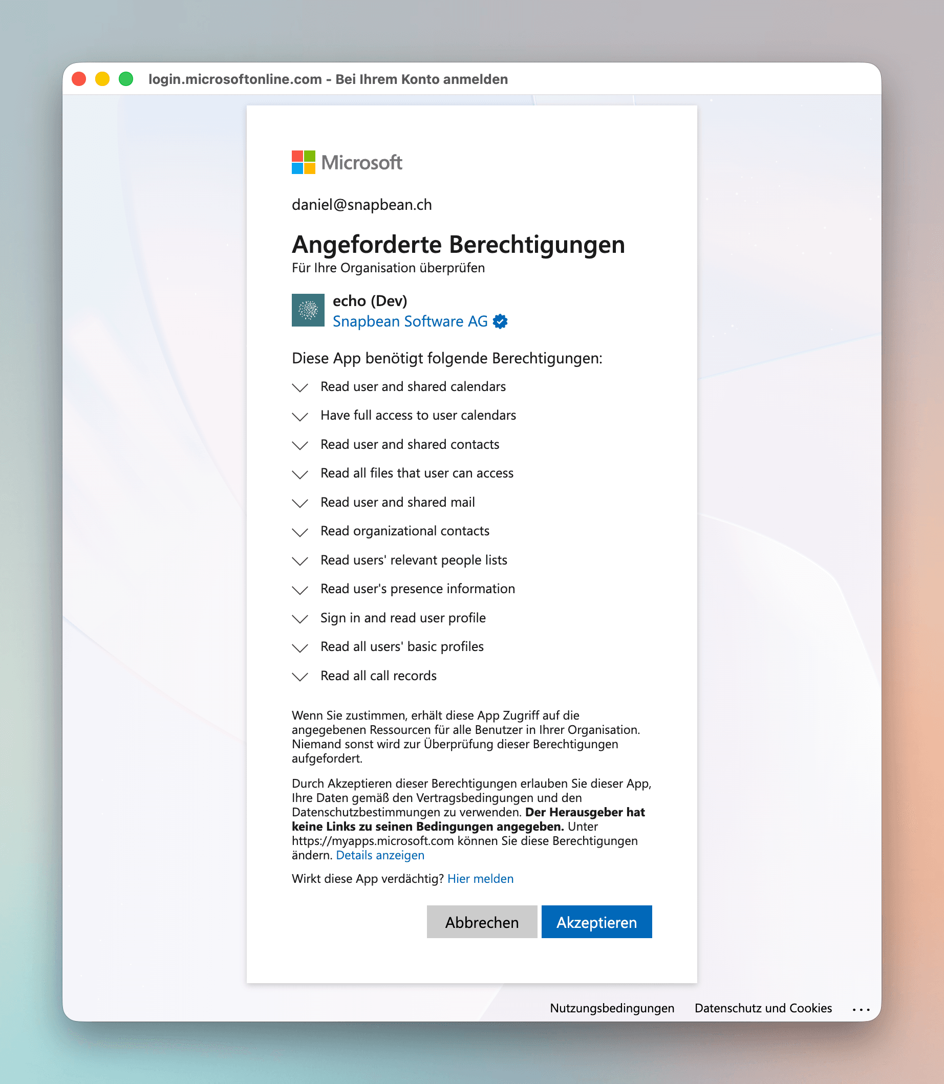 Microsoft consent dialog. With “Accept”, admin consent is granted for the entire organization.