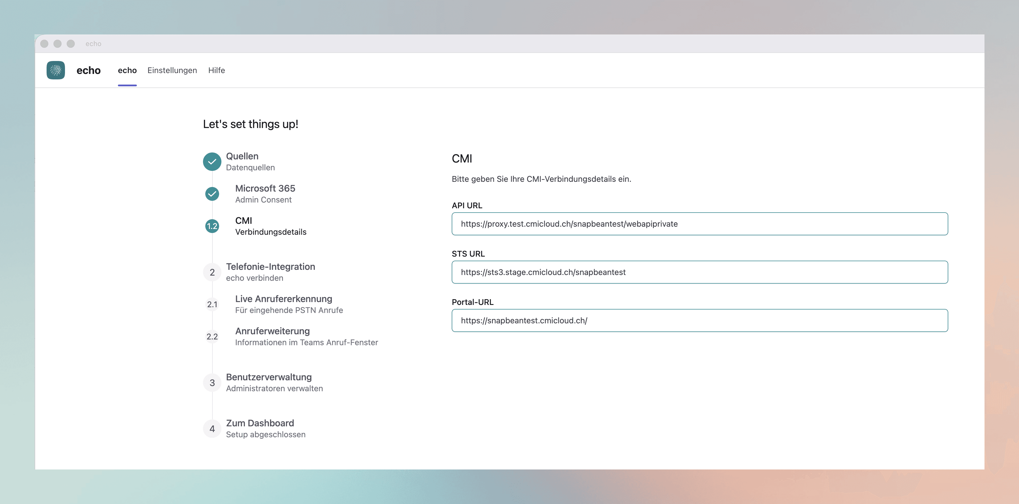 Entering the CMI connection details (API, STS and portal URL).