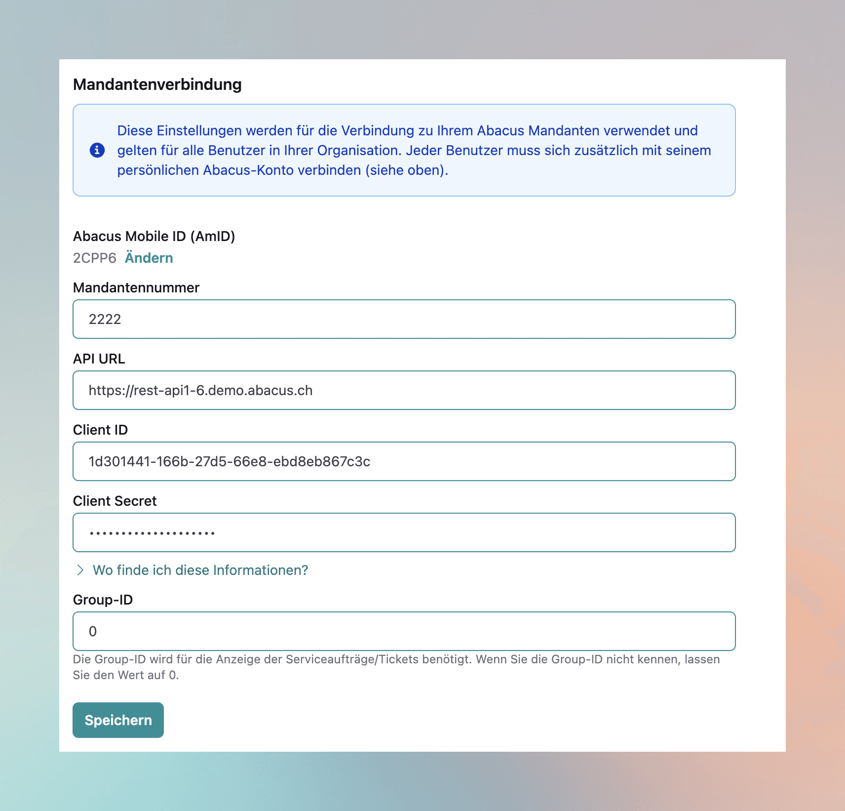 Fields of the tenant connection. Via “Where do I find this information?” you get help on the individual values.