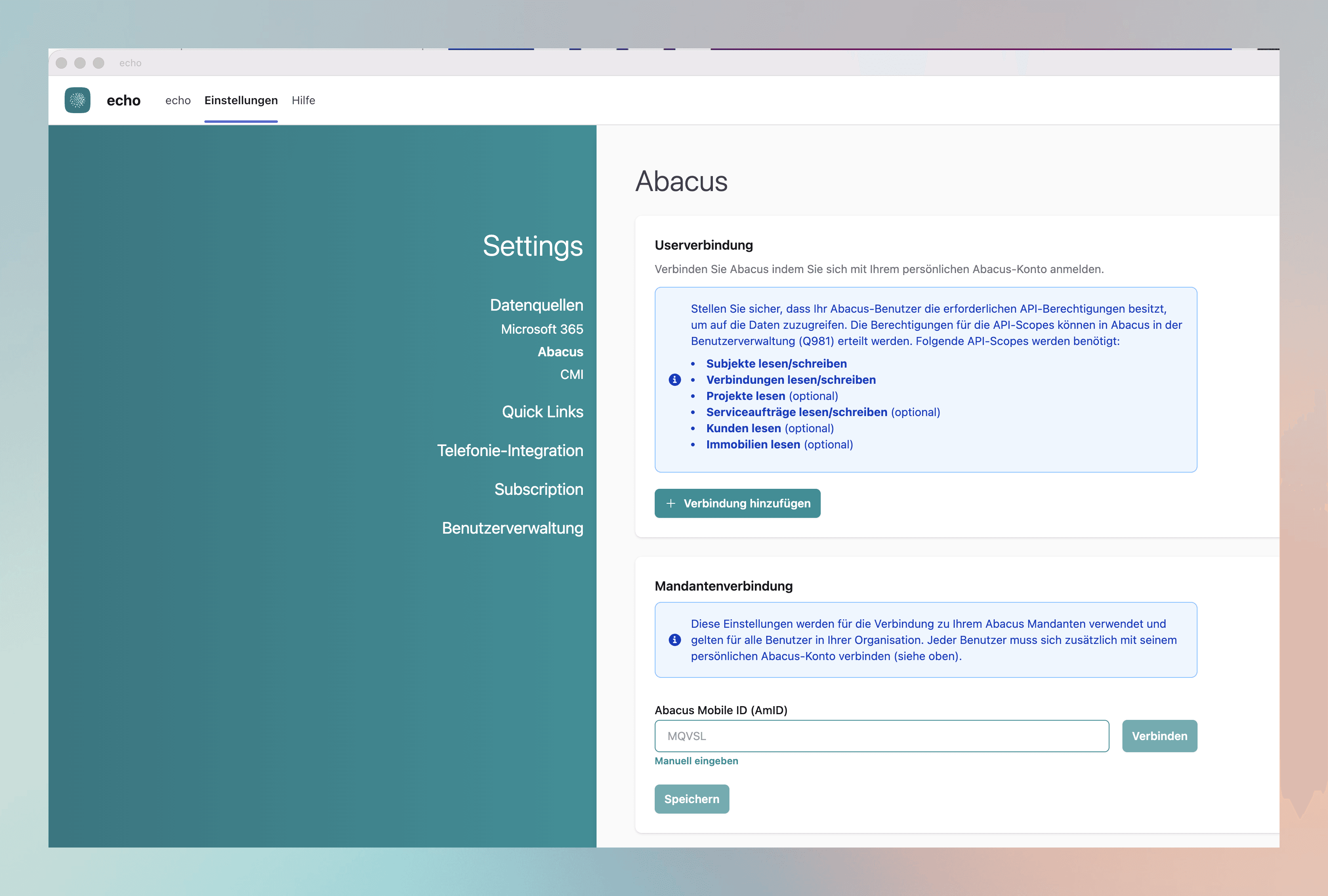 The “Abacus” page with the user connection (top) and the tenant connection (bottom).