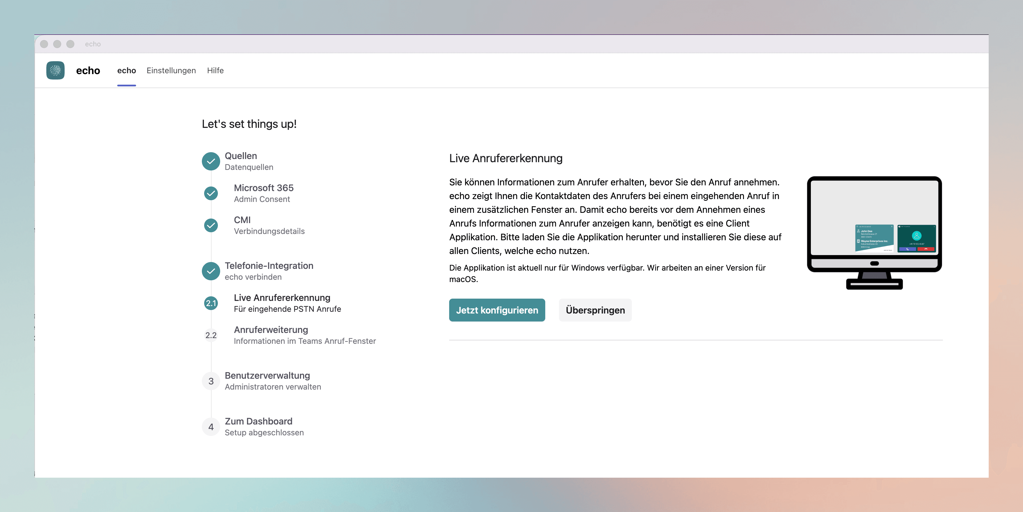 The “Live caller identification” step. Via “Configure now” you reach the client download.