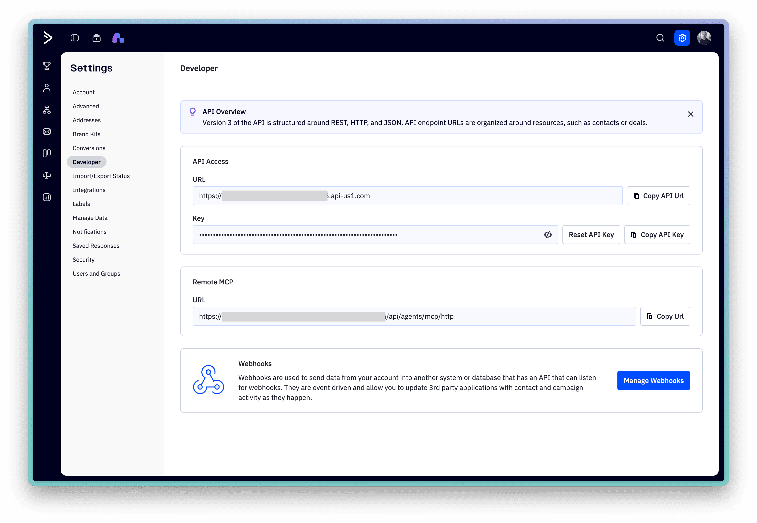 The “Developer” page in ActiveCampaign with the API URL and the API key.