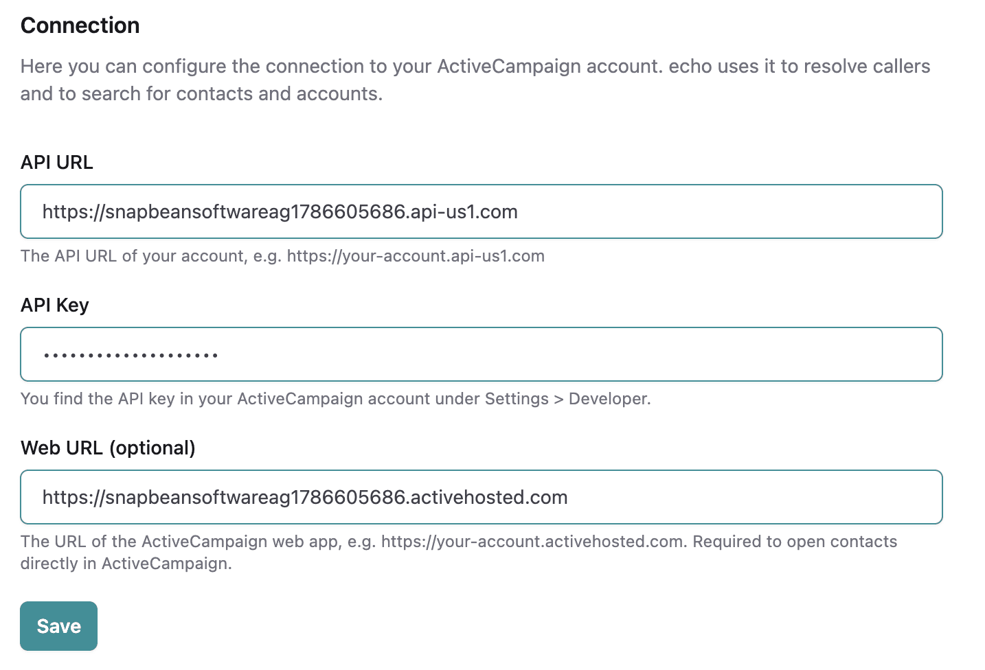 Entering the ActiveCampaign connection details in echo.